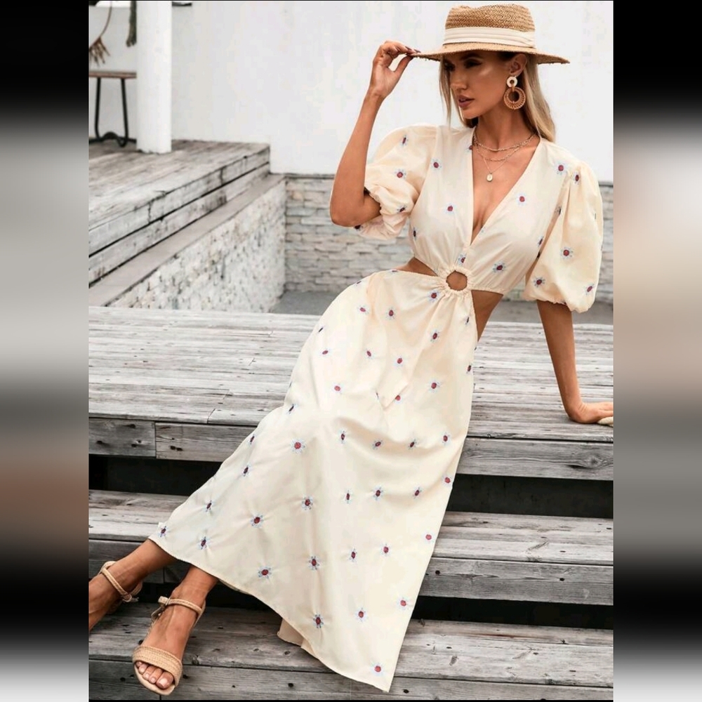 3/$30! NWOT Floral Embroidered Cream Cut Out Maxi Midi Dress